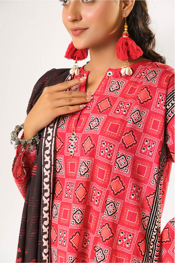 Women winter clothes | Red & Multicolor | Casual 3 Piece Suit | Cotton Khaddar Printed | LAD-03195
